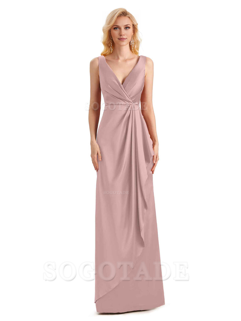 V Neck Elegant Soft Satin Formal Long Maid Bridesmaid Dresses Formal Wear Dresses