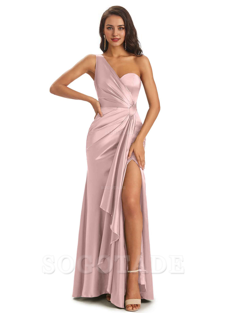 Elegant Soft Satin Side Slit One Shoulder Unique Mermaid Bridesmaid Dresses Online prom dresses shops