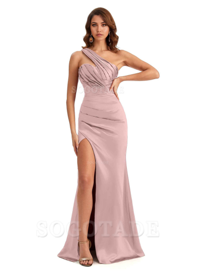 Sheath One shoulder Satin formal dresses evening gown Bridesmaid Dresses With Side Slit 