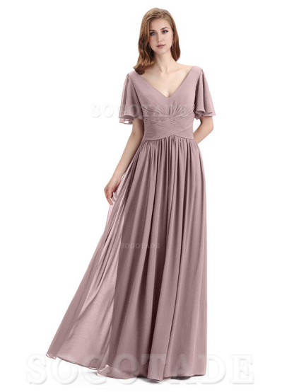 A-Line Chiffon Short Sleeves Elegant Floor-Length Bridesmaid Dresses Formal Women's Dresses Wedding Guests Dresses