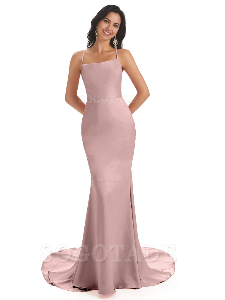 Mermaid Spaghetti Backless Straps Satin Long formal dresses evening gown Bridesmaid Dresses