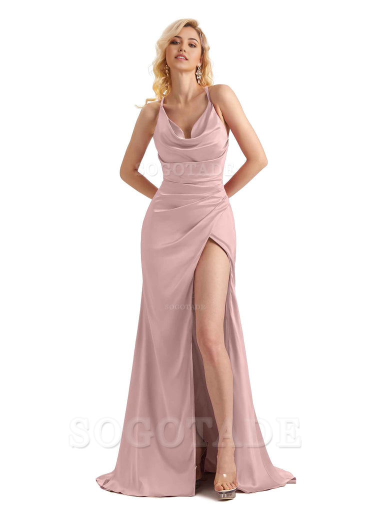 Sheath Cowl Neck Satin formal dresses evening gown Bridesmaid Dresses With Side Slit 