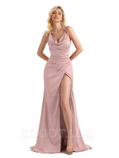 Sheath Cowl Neck Satin formal dresses evening gown Bridesmaid Dresses With Side Slit 
