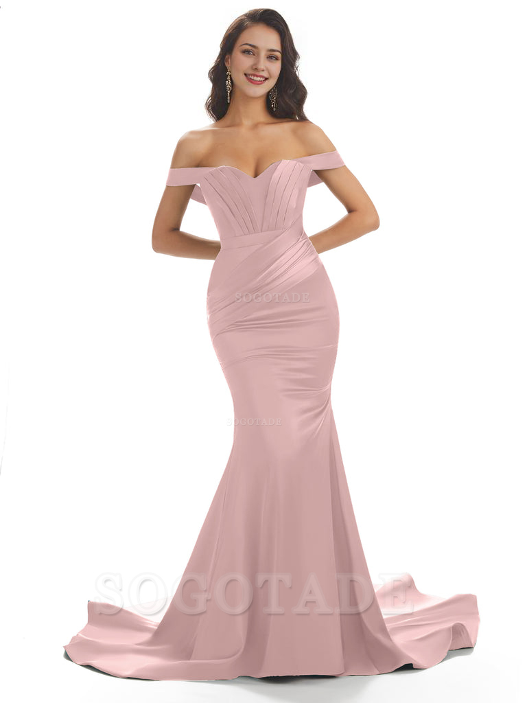 Sexy Mermaid Off The Shoulder Floor-Length Long Soft Satin Bridesmaid Dresses Online prom shop dresses