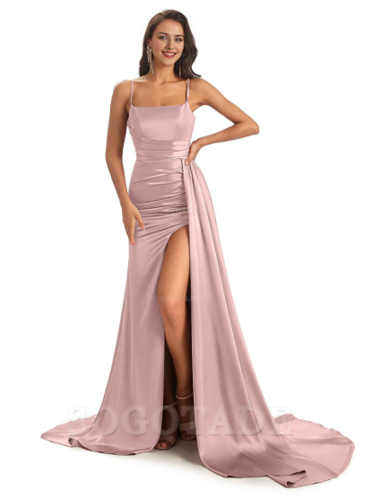 Sexy Soft Satin Side Slit Spaghetti Straps Long Mermaid Bridesmaid Dresses Online prom shop dresses ﻿