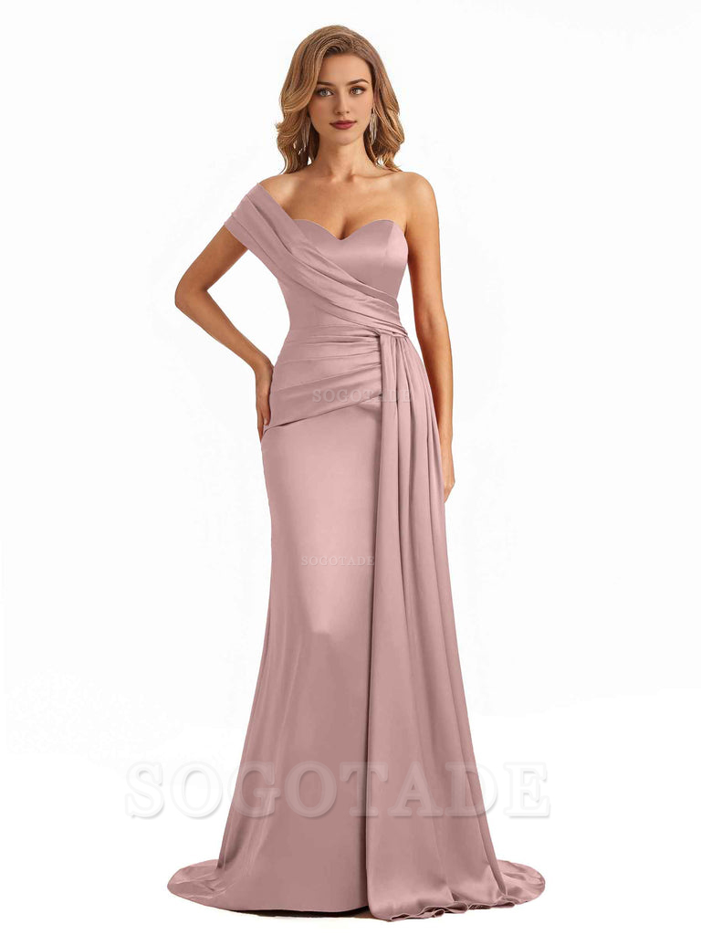 Elegant One Shoulder Soft Satin Long Mermaid Bridesmaid Dresses Online prom shop dresses ﻿