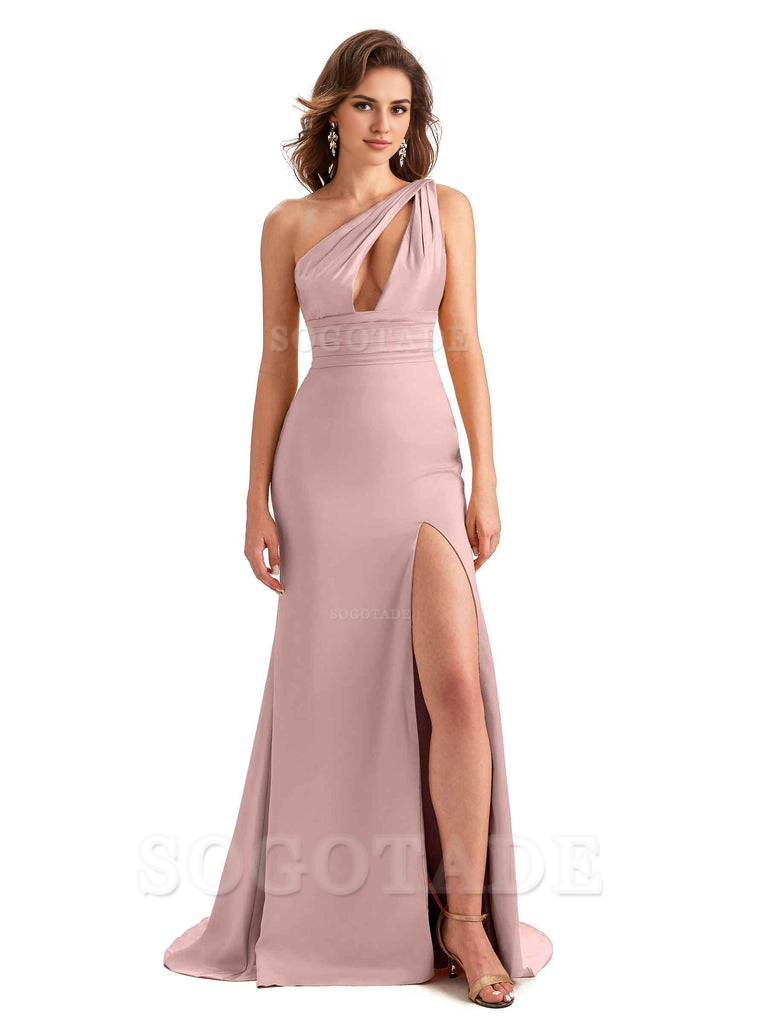 Charming Sexy Unique Side Slit Mermaid Silky One Shoulder Long Bridesmaid Dresses Formal Women's Dresses Wedding Guests Dresses