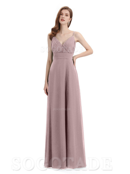 Chiffon V-Neck Spaghetti Strap Floor-Length Side Fork Long Bridesmaid Dresses Formal Women's Dresses Wedding Guests Dresses