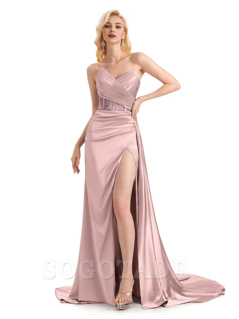 Sexy Soft Satin Side Slit See Through Floor-Length Long Mermaid Bridesmaid Dresses prom shop dresses
