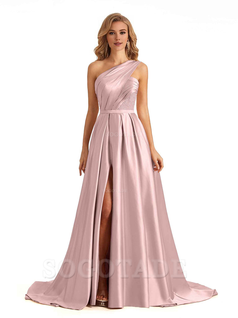 Sexy Side Slit One Shoulder A-Line Soft Satin Long Bridesmaid Dresses Online prom dress in store