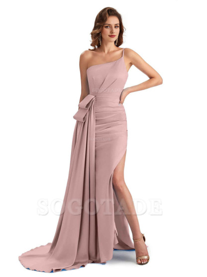 Sexy Side Slit Mermaid Silky Satin One Shoulder Modern Maxi Bridesmaid Dresses
