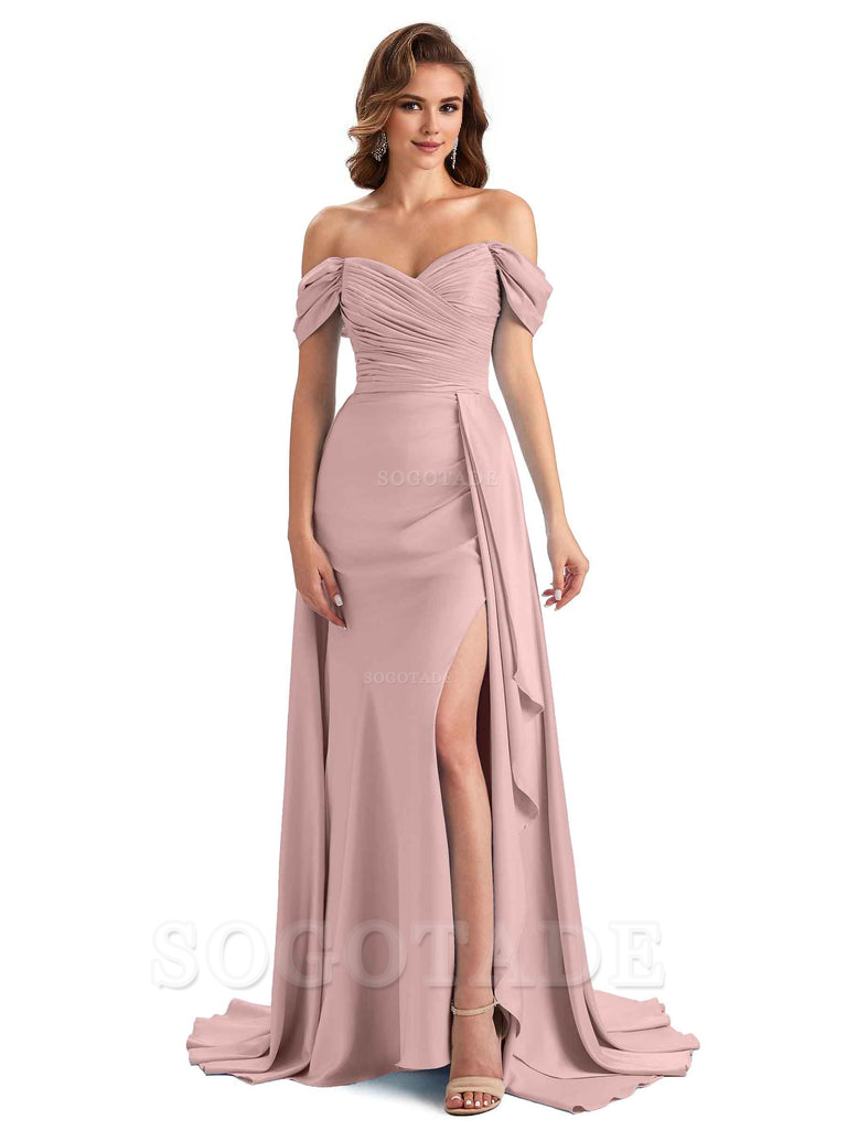 Sexy Side Slit Mermaid Soft Satin Off The Shoulder Long Unique Bridesmaid Dresses prom dress in store