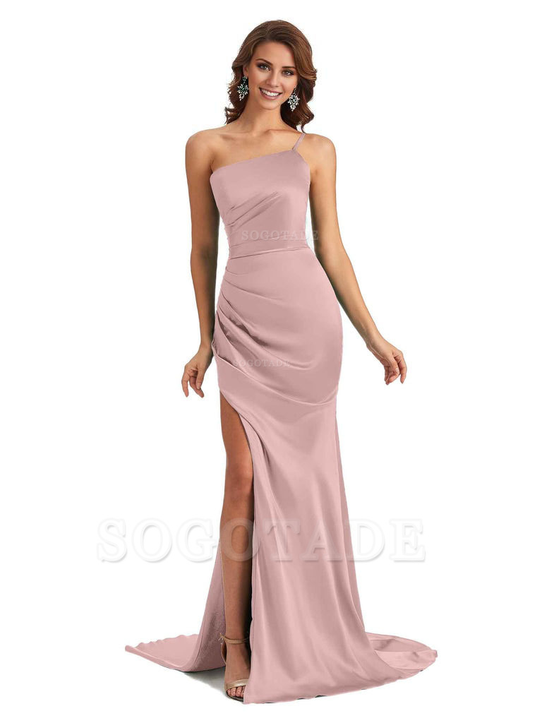 Sexy Silky Satin Side Slit One Shoulder Unique Long Wedding Guest Maxi Dresses
