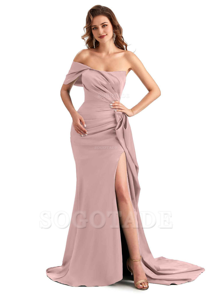 Sexy Side Slit Mermaid Silky Satin One Shoulder Chic Long Maid Of Honor Dresses