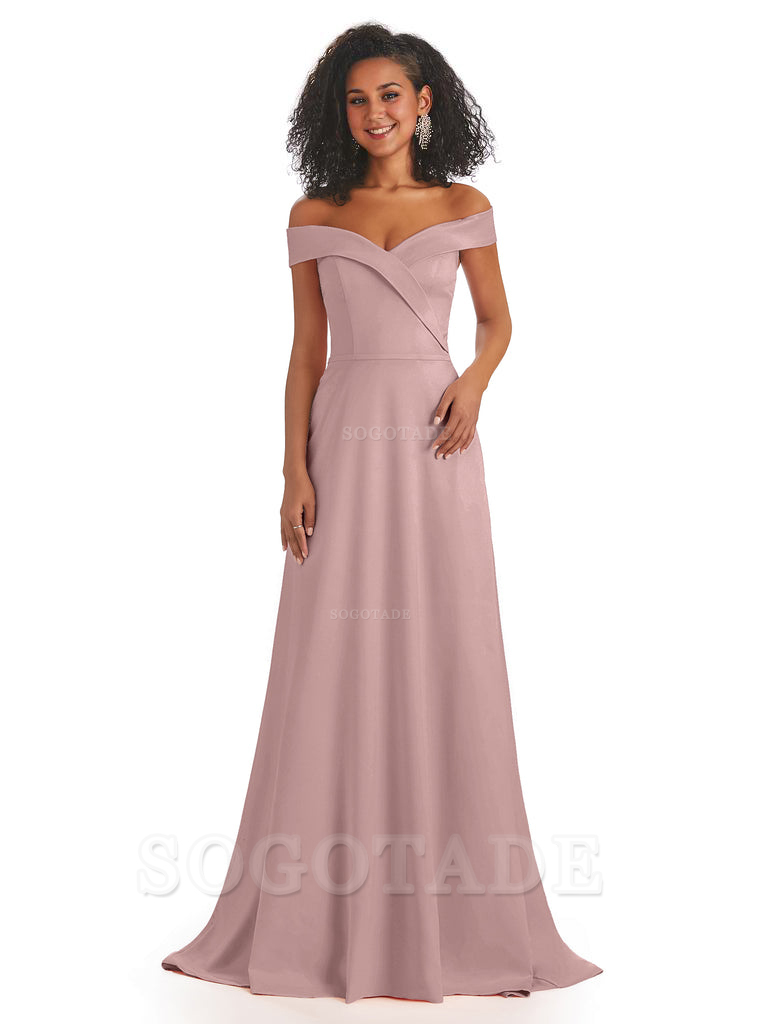 Soft Satin Off The Shoulder Long A-Line African Bridesmaid Dresses prom dress stores ﻿