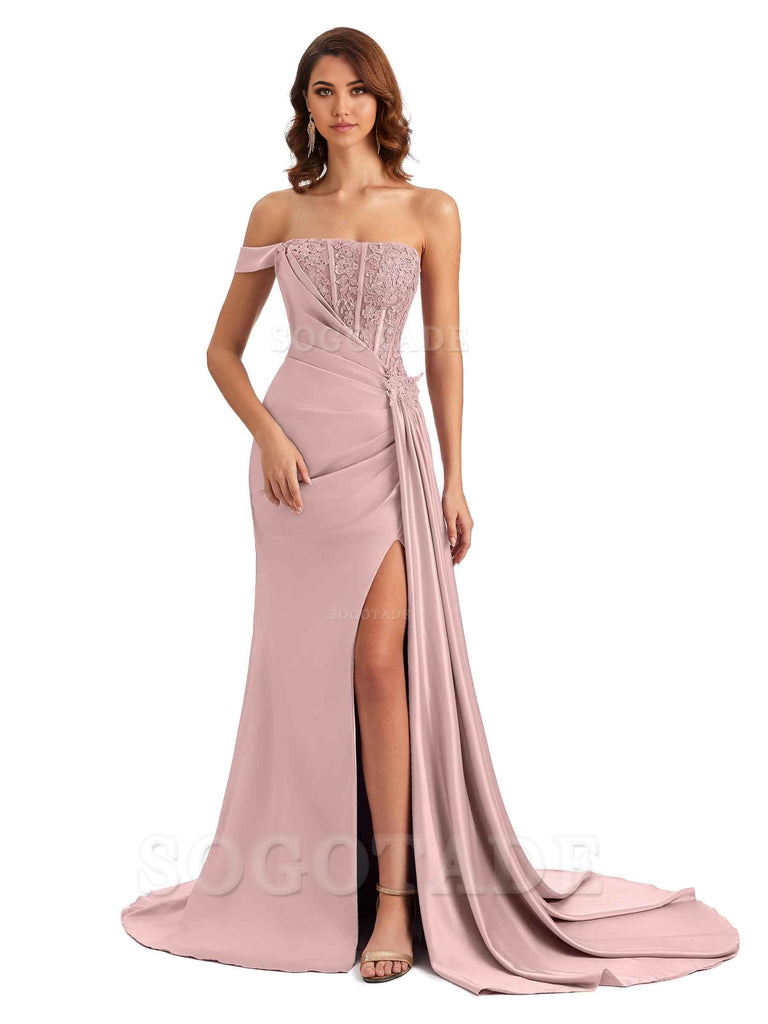 Mermaid Off Shoulder Applique formal dresses evening gown Bridesmaid Dresses With Side Slit 