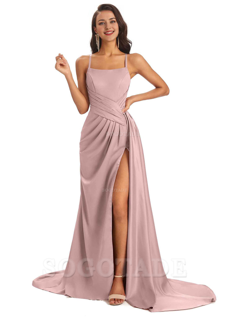 Sexy Soft Satin Side Slit Spaghetti Straps Long Maxi Bridesmaid Dresses prom shop dresses