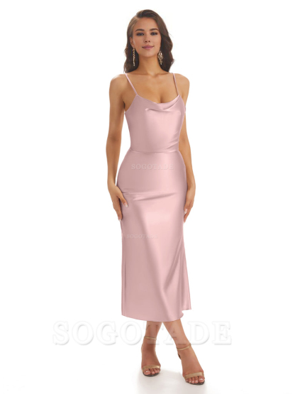 Sexy Soft Satin Spaghetti Strap Tea-Length Midi Short Bridesmaid Dresses prom shop dresses