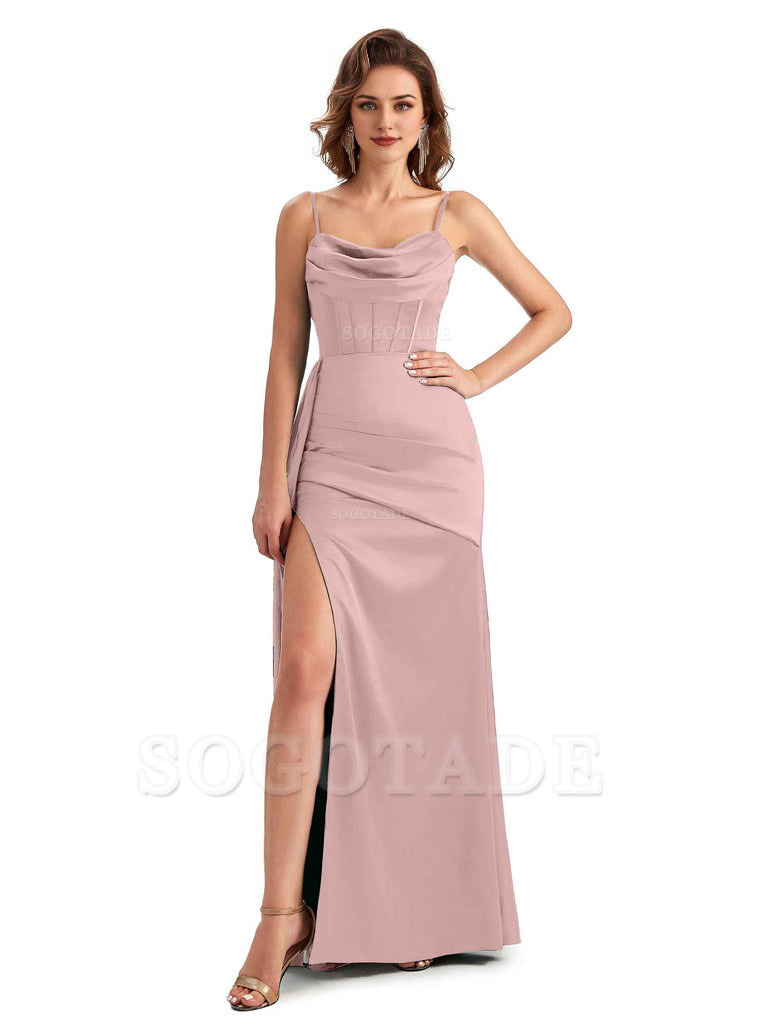 Sexy Side Slit Mermaid Silky Satin Spaghetti Straps Unique Wedding Guest Dresses