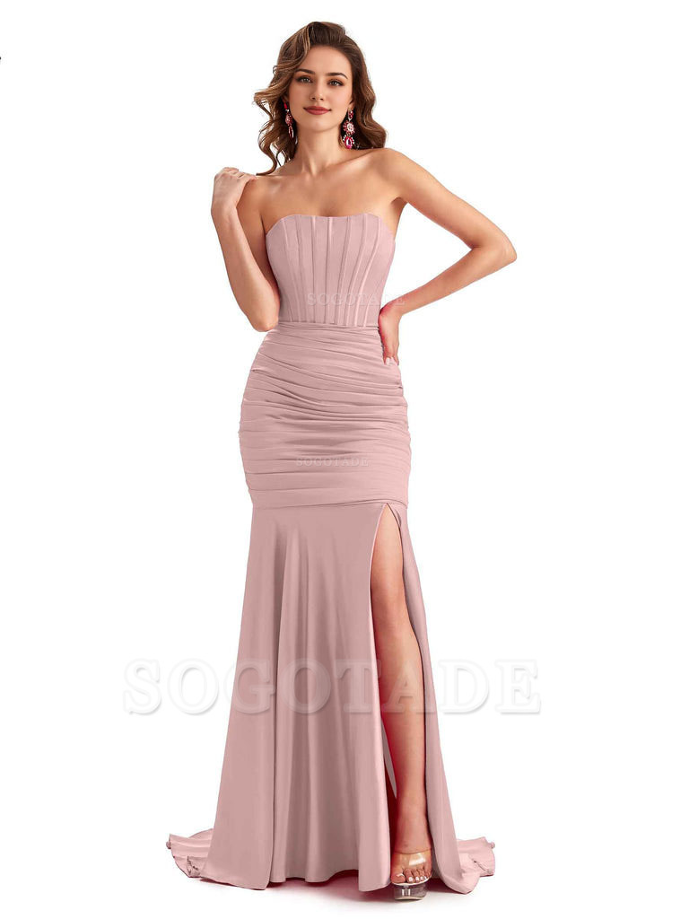 Sexy Strapless Side Slit Mermaid Silky Satin Formal Bridesmaid Dresses