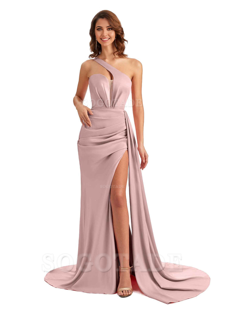 Mermaid One Shoulder Satin formal dresses evening gown Bridesmaid Dresses With Side Slit