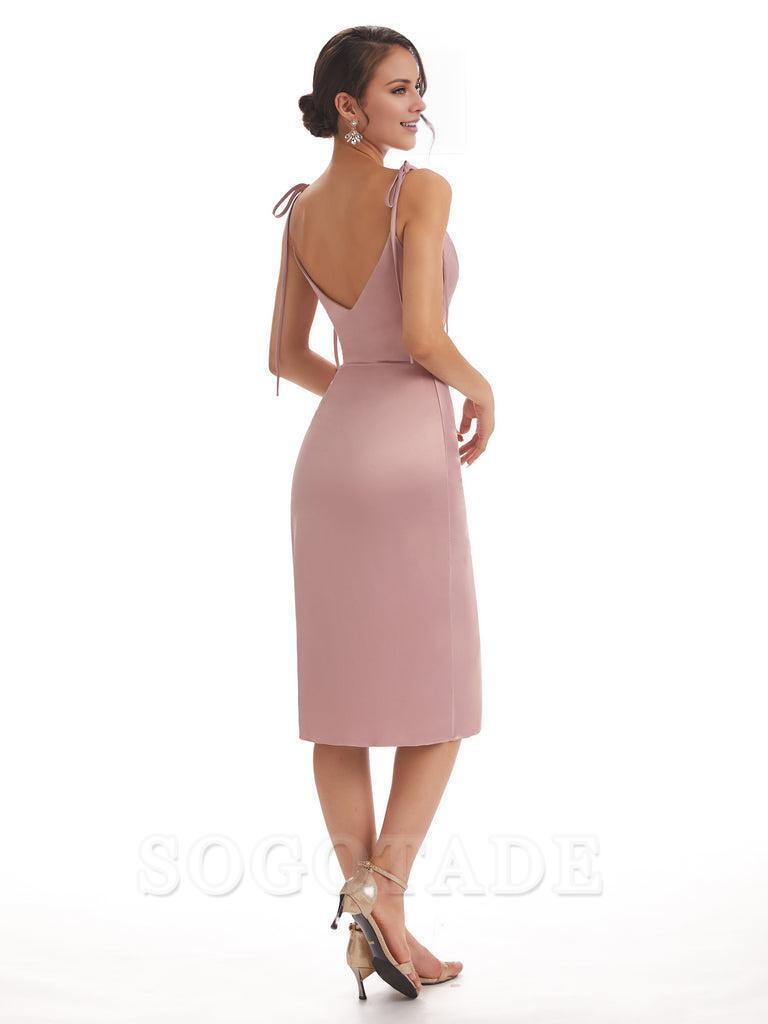 Tea Length Midi Short Bridesmaid Dresses Spaghetti Straps Satin Elegant Evening Party Dress