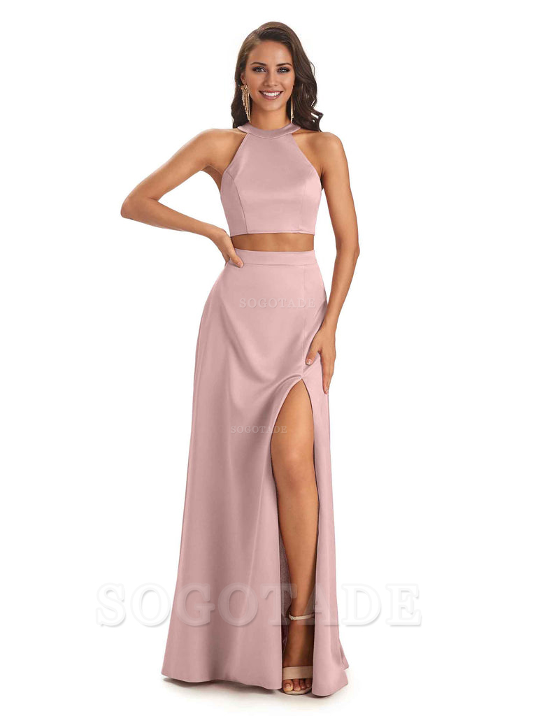 Soft Satin Two-Pieces Halter Side Slit Sexy Fashion Bridesmaid Dresses Charming Evening Party Dress