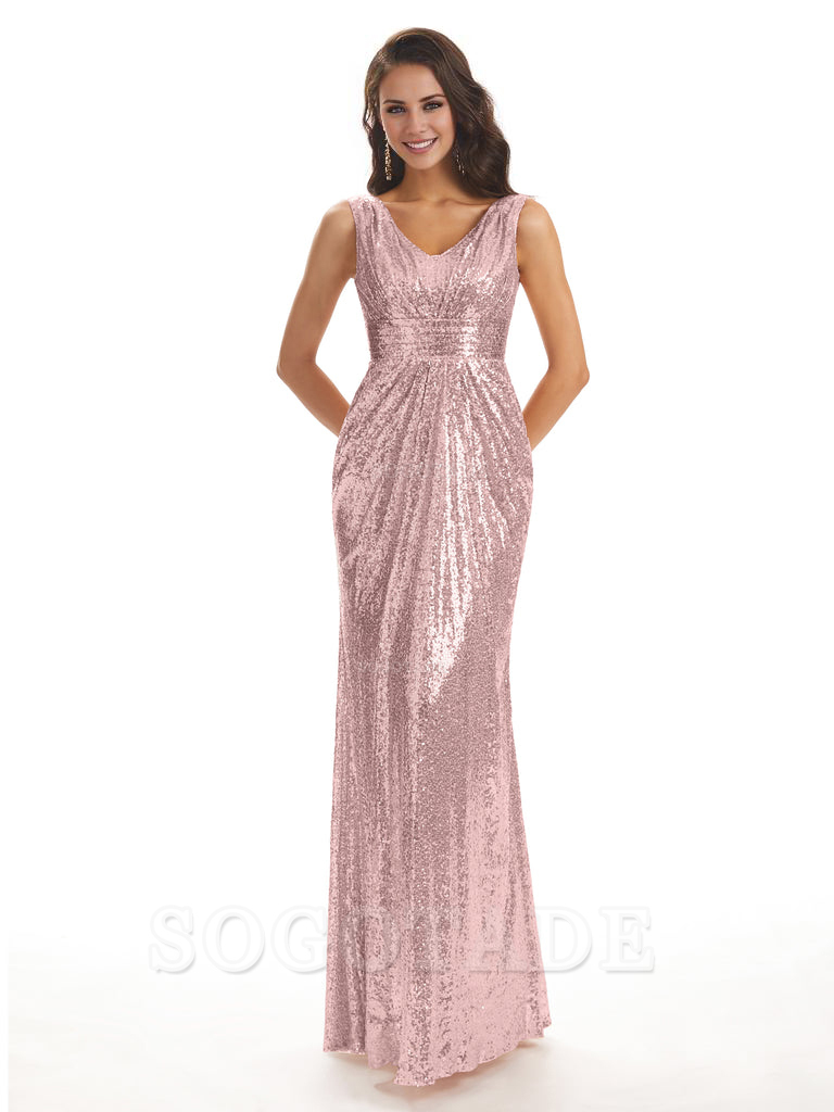 Sparkly V-Neck Sequin Long Mermaid Bridesmaid Dresses Sleeveless Charming Evening Party Dress