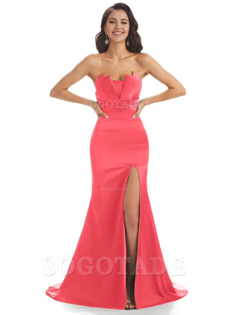 Mermaid sleeveless Satin formal dresses evening gown Bridesmaid Dresses With Side Slit 