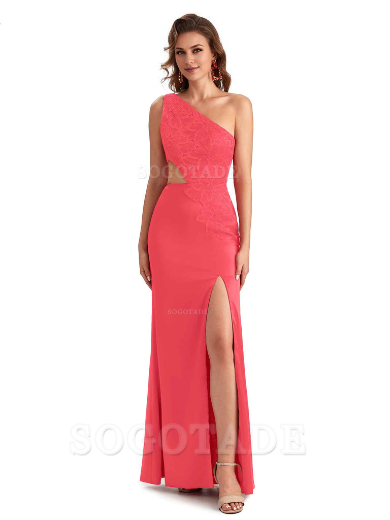 Sexy Side Slit Mermaid Lace Silky Satin One Shoulder Chic Long Bridesmaid Dresses