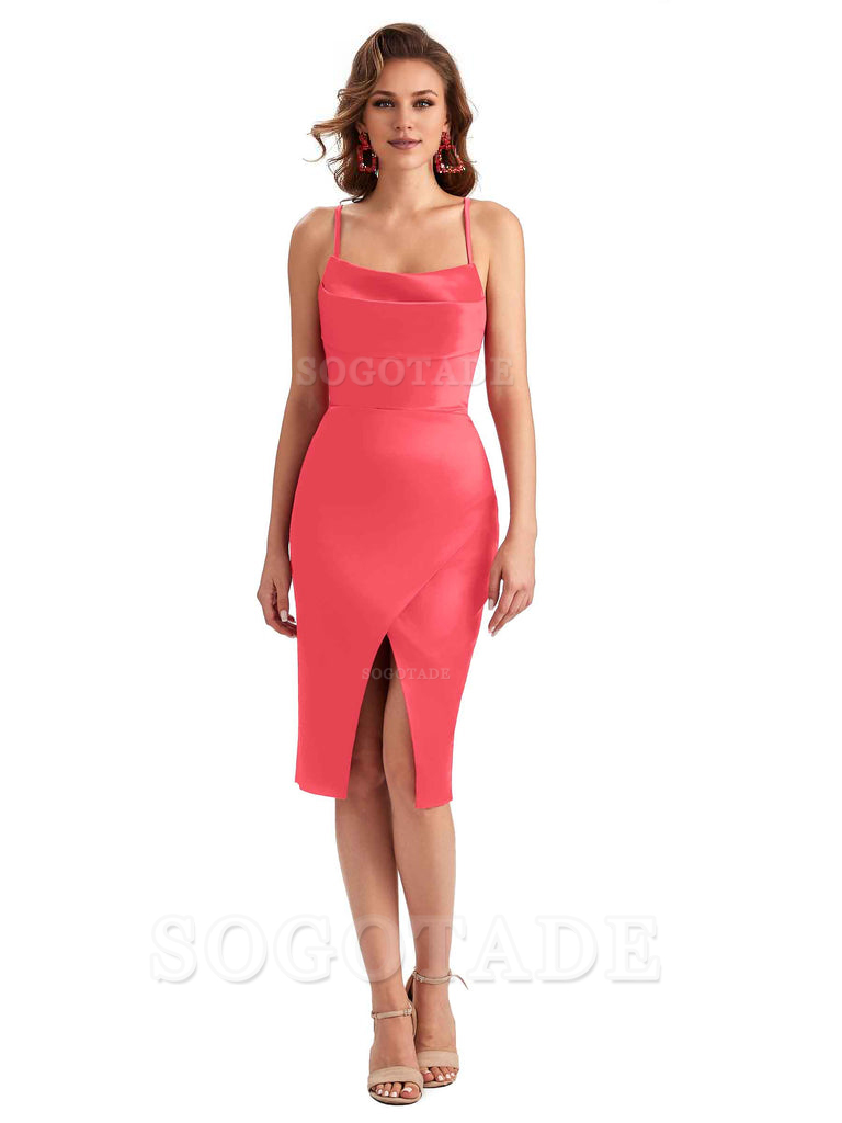 Elegant Spaghetti Straps Mermaid Soft Satin Knee Length Short Bridesmaid Dresses