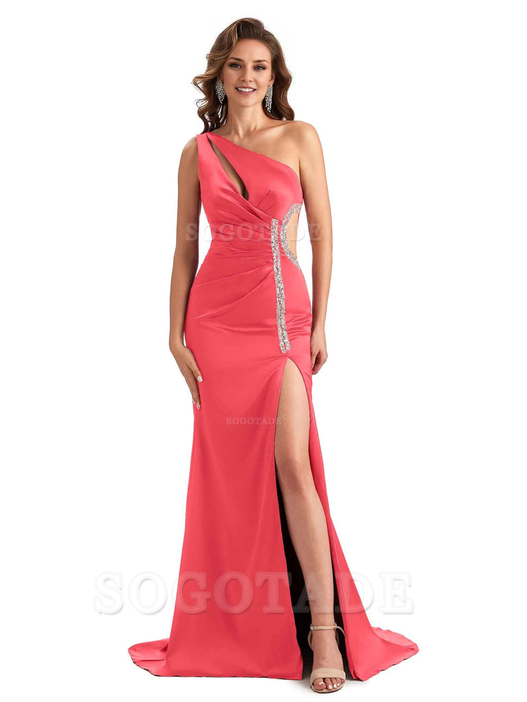 Sexy Side Slit Mermaid Soft Satin One Shoulder Lace Long Bridesmaid Dresses