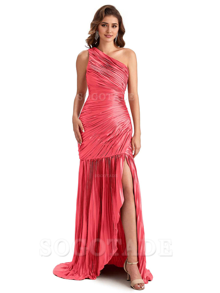 Sexy Side Slit Mermaid Soft Satin One Shoulder Long Ladies Bridesmaid Dresses Online