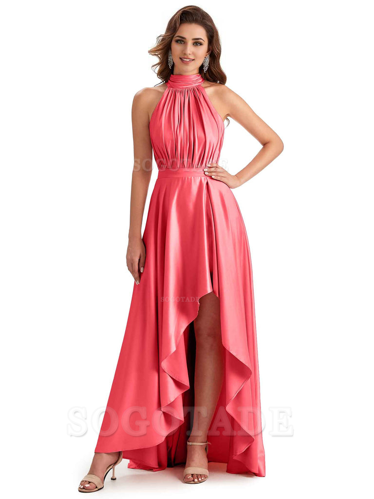 Soft Satin High Neck High Low A-Line Unique Bridesmaid Dresses Online