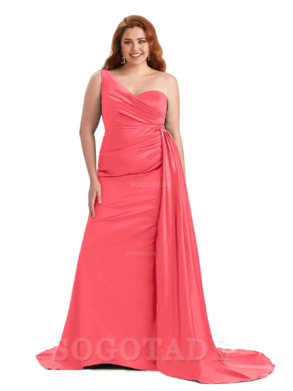 Sexy One Shoulder Sleeveless Mermaid Soft Satin Long Plus Size With Train Bridesmaid Gowns