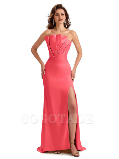 Unique Soft Satin Side Slit Asymmetrical Neckline Mermaid Long Bridesmaid Dresses