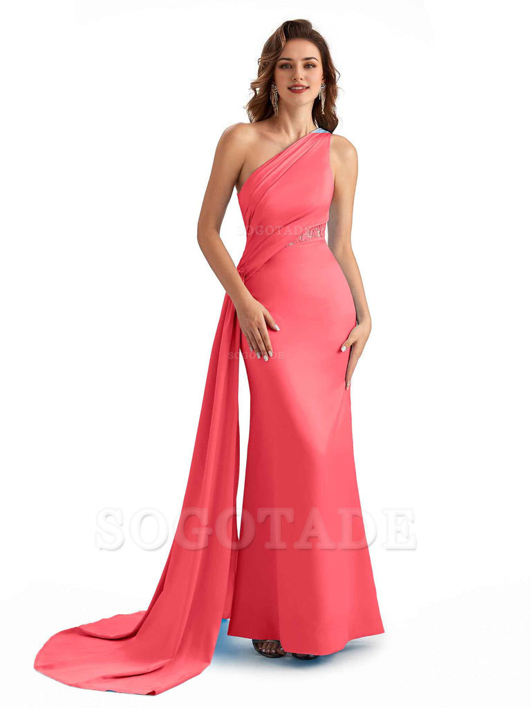 Sexy Mermaid Silky Satin One Shoulder Lace See Through Long Bridesmaid Dresses Online