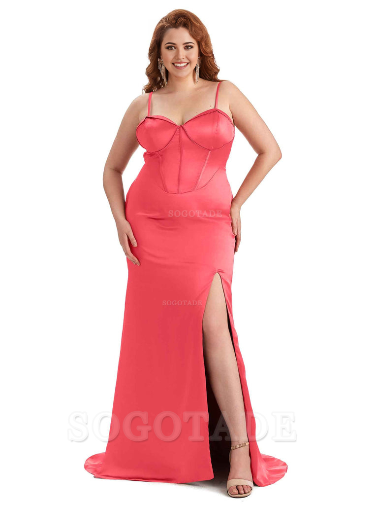 Sexy Spaghetti Straps Side Slit Sleeveless Mermaid Soft Satin Long Bridesmaid Dress Plus Size Dress To Wear to a Wedding