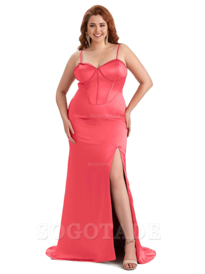 Sexy Spaghetti Straps Side Slit Sleeveless Mermaid Soft Satin Long Bridesmaid Dress Plus Size Dress To Wear to a Wedding