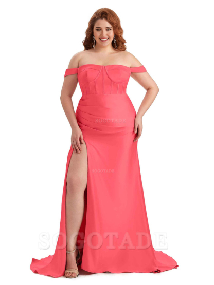 Elegant Off The Shoulder Side Slit Mermaid Soft Satin Floor Length Long Plus Size Bridesmaid Gowns