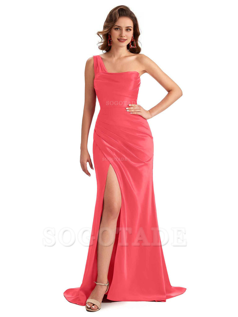 Sexy One Shoulder Side Slit Silky Satin Chic Long Mermaid Trumpet Bridesmaid Dress