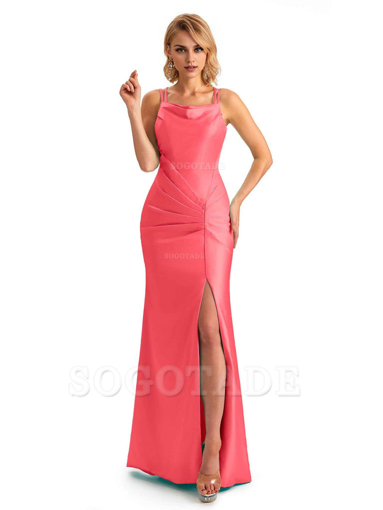 Soft Satin Spaghetti Straps Side Slit Long Unique Mermaid Beautiful Dresses For Wedding