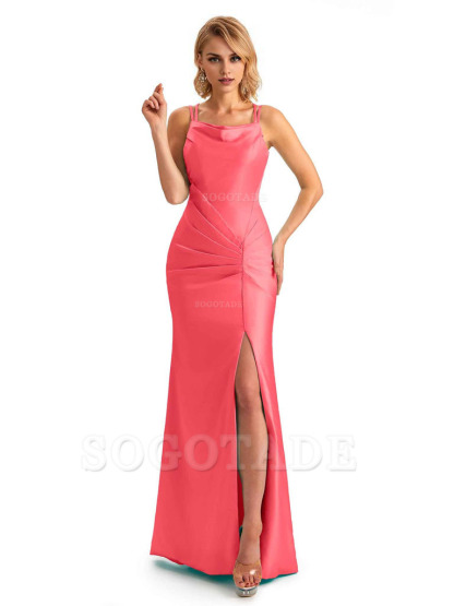 Soft Satin Spaghetti Straps Side Slit Long Unique Mermaid Beautiful Dresses For Wedding