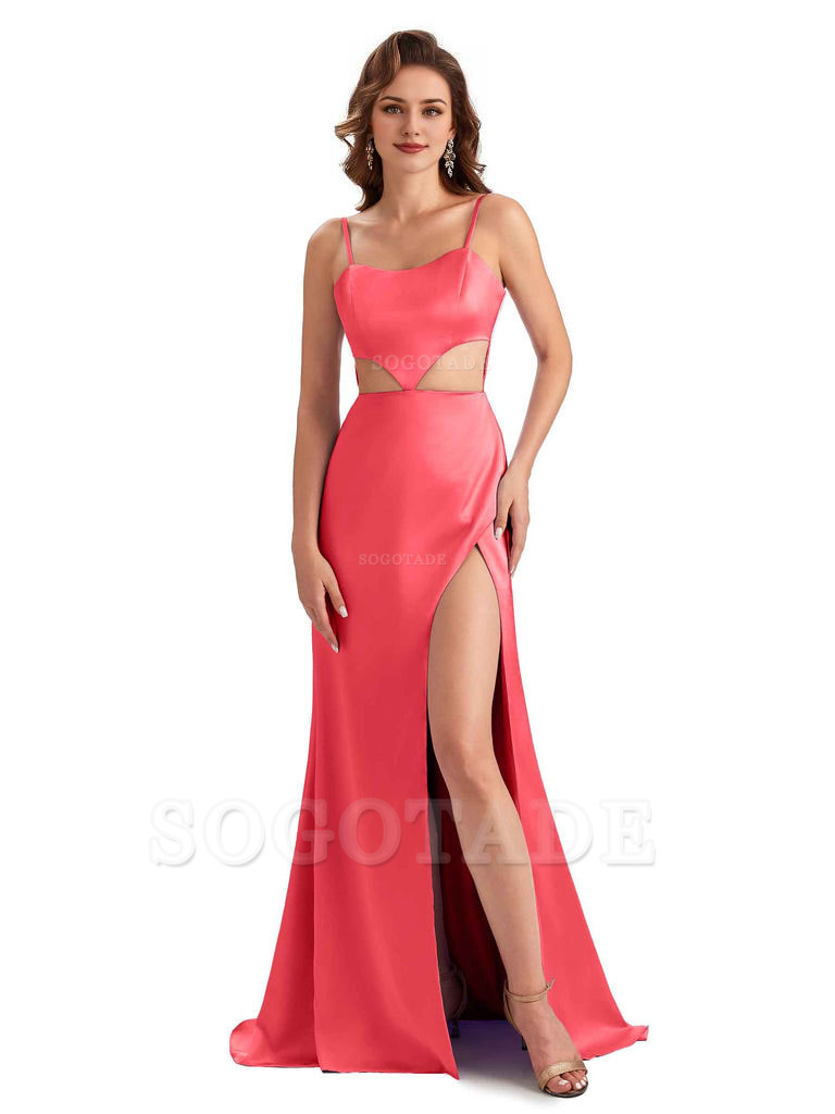 Sexy Satin Side Slit Spaghetti Straps Mermaid Long Unique Curve Wedding Guest Dresses