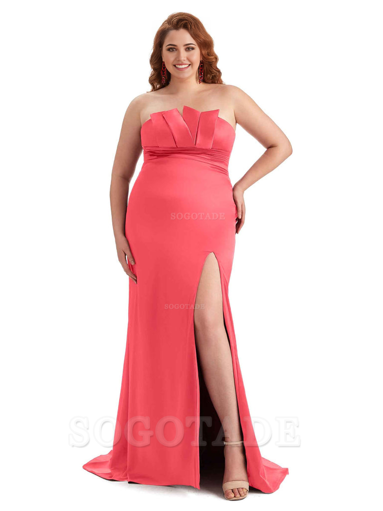 Sexy Side Slit Sleeveless Mermaid Soft Satin Long Plus Size Wedding Party Dresses For Wedding