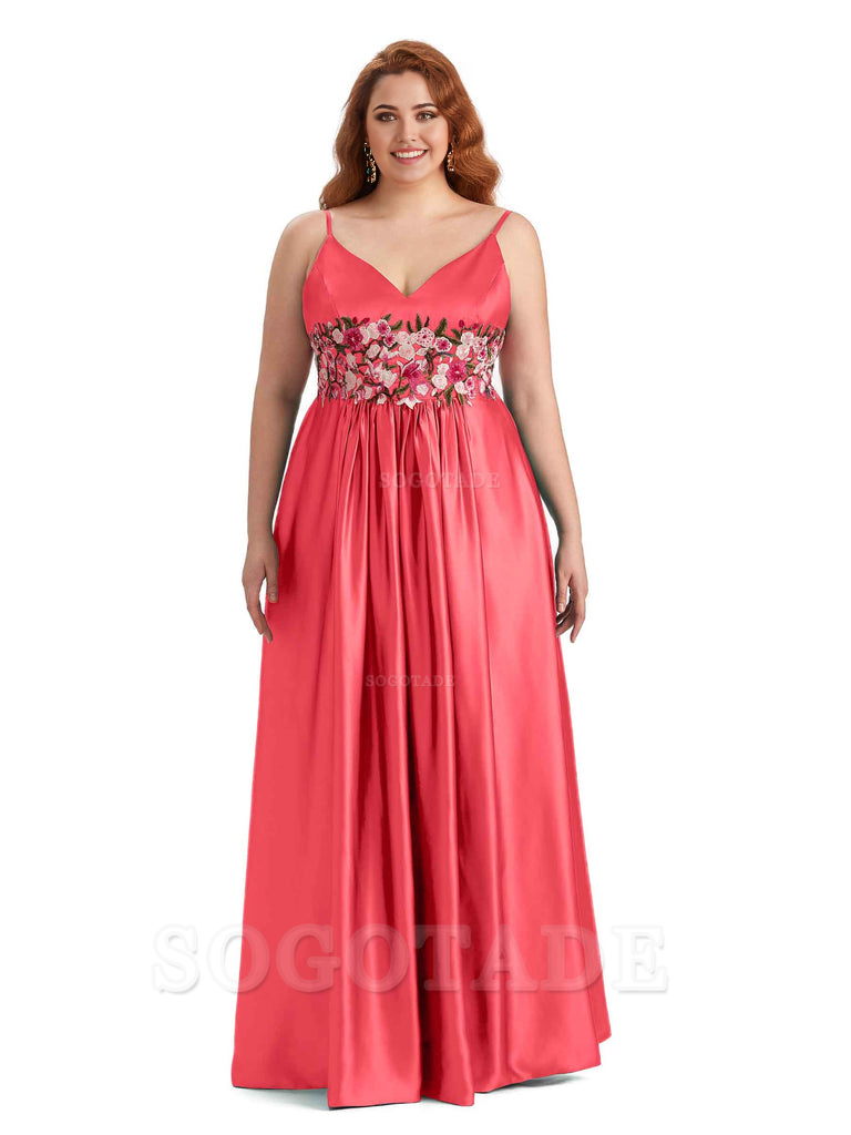 Unique Lace Spaghetti Straps Sleeveless Soft Satin Long Plus Size Bridesmaid Dress For Wedding