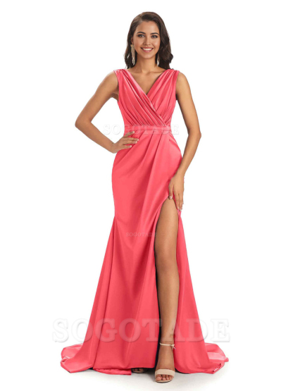 A-line V-neck Floor-Length Satin formal dresses evening gown Bridesmaid Dresses With Side Slit 