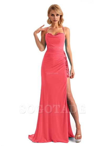 Mermaid Spaghetti Straps Side Slit Lace Stretchy Jersey Long Formal Bridesmaid Dresses
