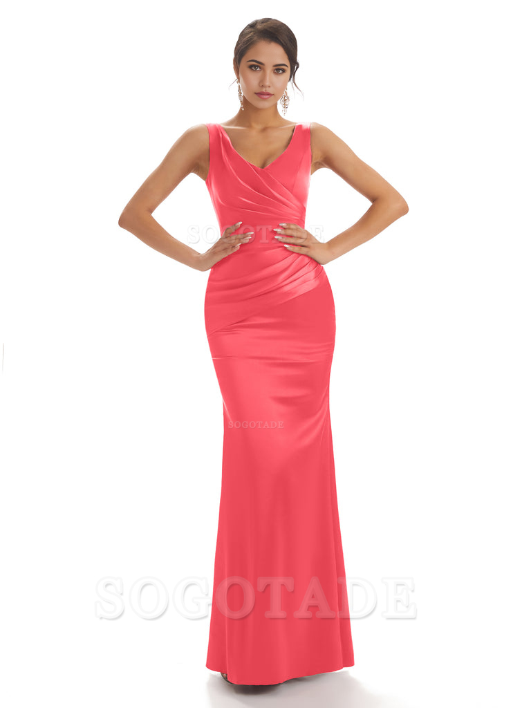 Sheath Sleeveless V-neck Floor-Length Satin formal dresses evening gown Bridesmaid Dresses With Pleats 
