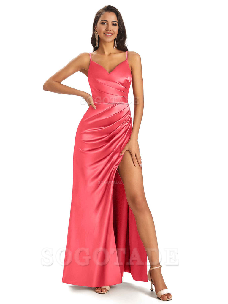 Sheath V-Neck Spaghetti Straps formal dresses evening gown Bridesmaid Dresses With Side Slit 